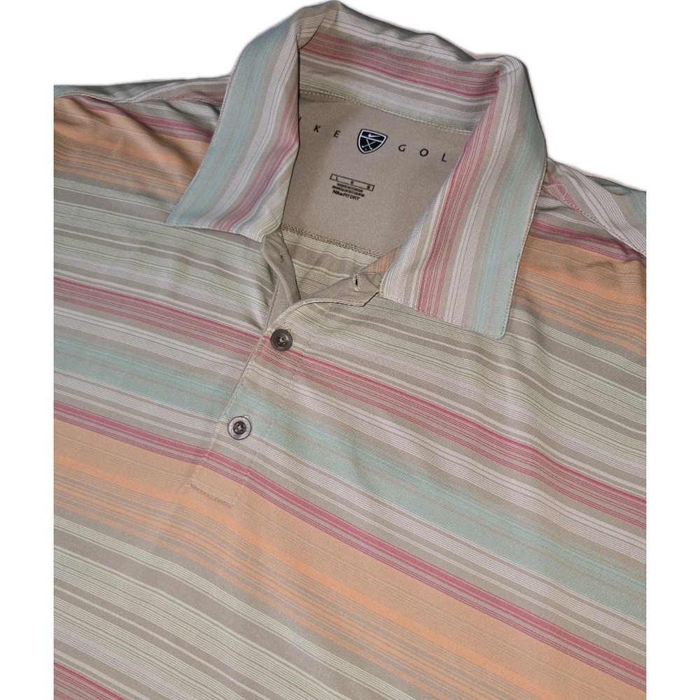 Nike Dri Fit Polo Shirt Stripes Tan Blue Performance Golf
